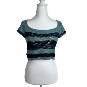 BCBGeneration Crop Top‎ XXS Turquoise Blue Black White Crochet Ruffle Bohemian